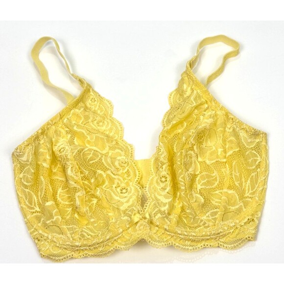 Yellow Roses Lace Triangle Bra 30 DD Underwire Unpadded Sheer Romantic Coquette - Picture 1 of 4